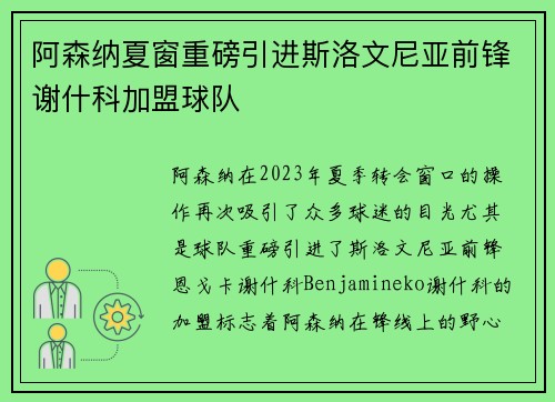 阿森纳夏窗重磅引进斯洛文尼亚前锋谢什科加盟球队 阿森纳夏窗重磅引进斯洛文尼亚前锋谢什科加盟球队